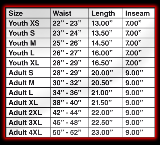 Small Shorts Size Chart